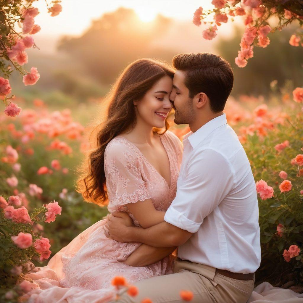 A romantic and playful scene featuring a couple engaged in flirtatious banter, surrounded by a soft, ambient glow. The woman has a mischievous smile while the man leans in, intrigued and captivated. Delicate flowers bloom in the foreground, symbolizing budding desire, with warm colors enhancing the intimate atmosphere. The background softly fades into a dreamy sunset, creating an inviting and sensual vibe. vibrant colors. dreamy atmosphere. soft focus.