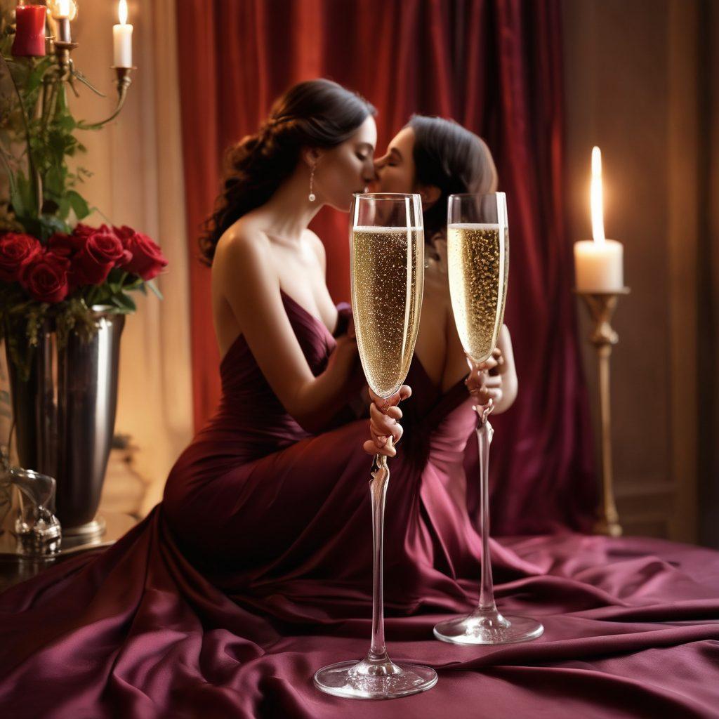 A sensuous scene featuring two curvy silhouettes intertwined under dim, sultry lighting, surrounded by lush fabrics and soft candles casting gentle glows. The atmosphere is rich with warmth and intimacy, highlighting the curves of their bodies with a backdrop of velvety textures in deep reds and purples. Elegant champagne glasses are nearby, adding a touch of romance and celebration. Style should evoke a dreamlike quality with soft focus. super-realistic. warm colors. intimate atmosphere.