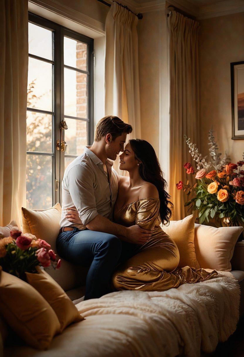 A warm, inviting scene featuring a couple embracing in a cozy setting, surrounded by soft, warm lighting. The individuals are curvy, showcasing their joyful expressions and deep emotional connection. Include elements like flowers, plush cushions, and a hint of sunset through a window to emphasize intimacy and romance. Capture the essence of love and passion in the colors and details. super-realistic. vibrant colors. warm tones.
